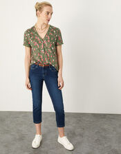 Floral Lace Trim Short Sleeve Linen Top, Green (KHAKI), large