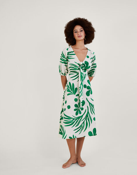 Abstract Palm Print Tie Front Midi Dress Green, Green (GREEN), large