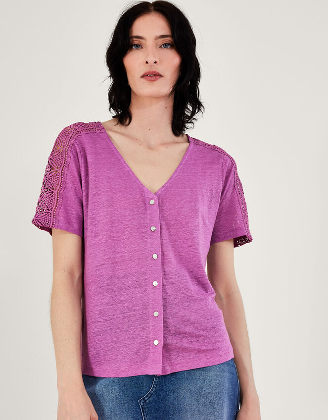 Button Through Lace Linen T-Shirt, Purple (PURPLE), large