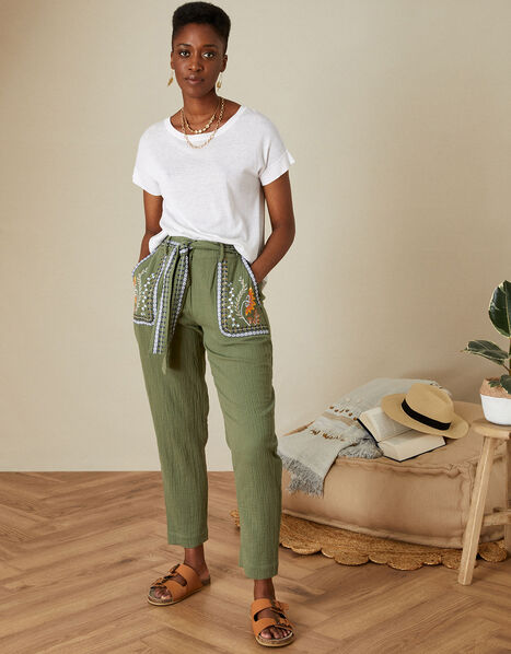 Double Faced Embroidered Trousers in Sustainable Cotton Green, Green (KHAKI), large