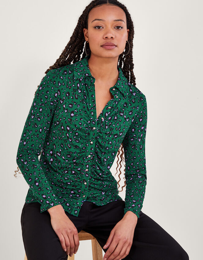 Leopard Print Ruched Jersey Shirt, Green (GREEN), large