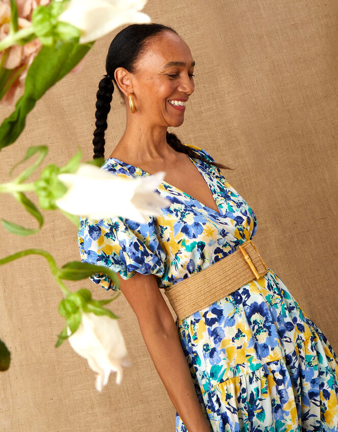 Floral Tiered Wrap Dress in Recycled Polyester, Blue (BLUE), large