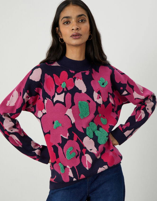 Abstract Flower Jacquard Jumper, Red (RED), large