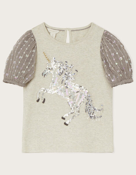 Sequin Unicorn Puff Sleeve Top, Grey (GREY), large