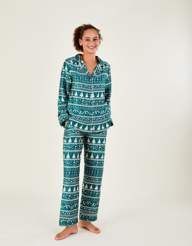 Fair Isle Christmas Satin Pyjama Set, Green (GREEN), large