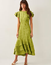Ester Satin Ruffle Midi Dress, Green (OLIVE), large