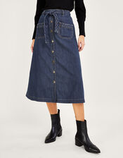Plait Pocket Denim Midi Skirt in Sustainable Cotton, Blue (DENIM BLUE), large