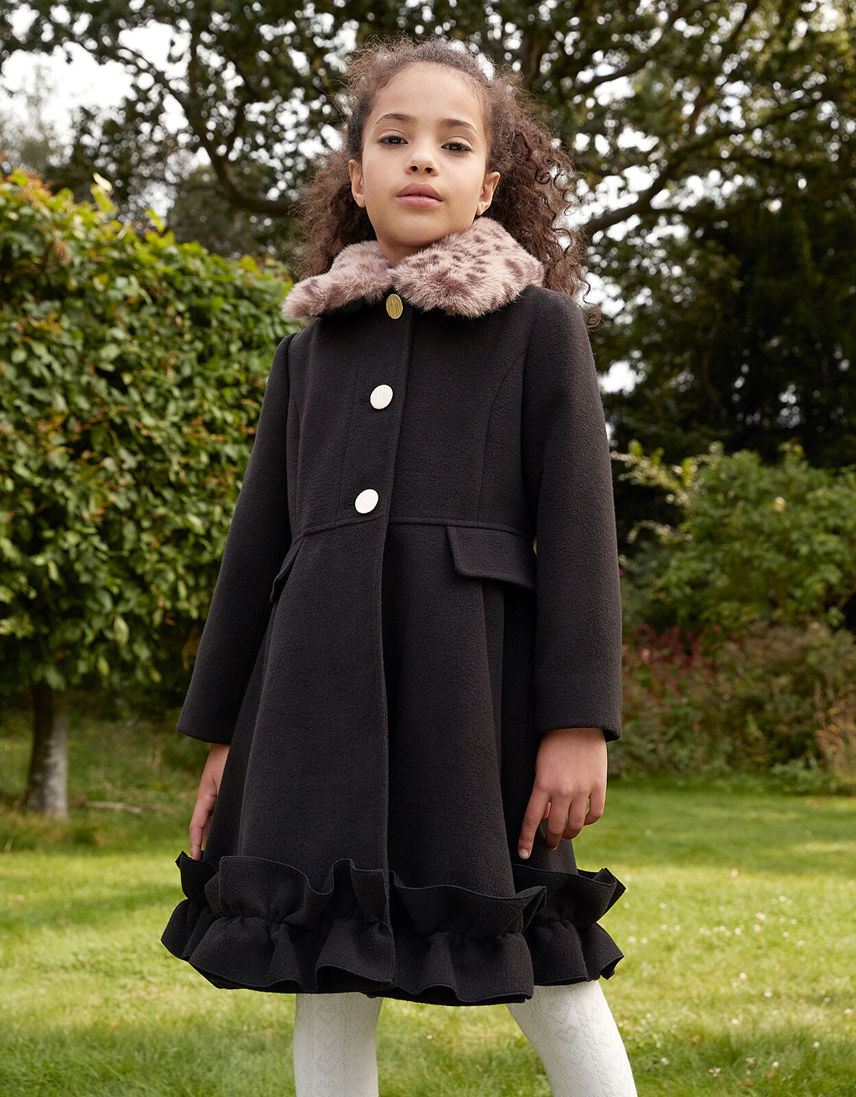 Leopard Print Collar Ruffle Hem Coat Black Girls Coats Jackets Monsoon Global
