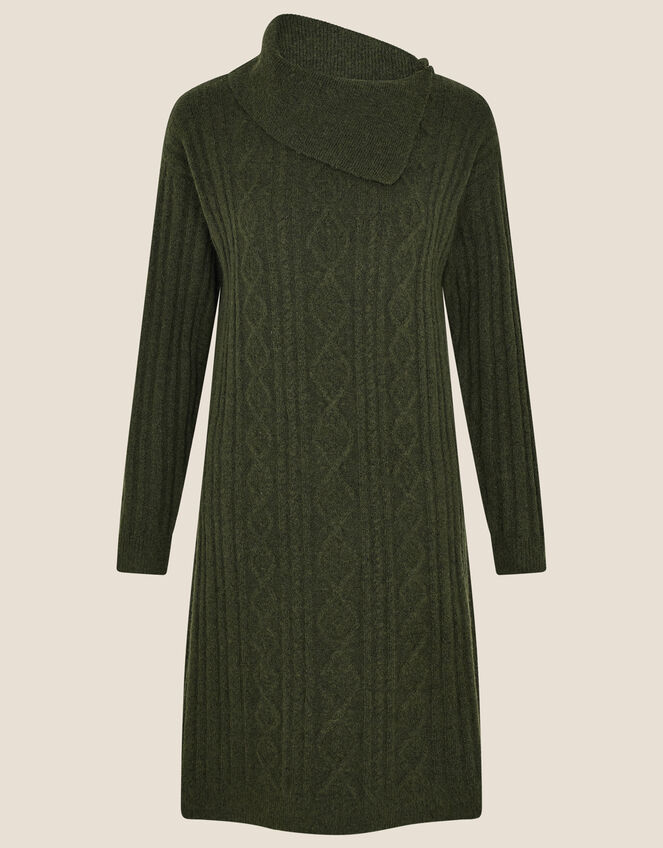 Split Neck Dress, Green (KHAKI), large