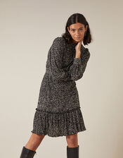 Printed Jersey Plisse Tiered Short Dress, Black (BLACK), large