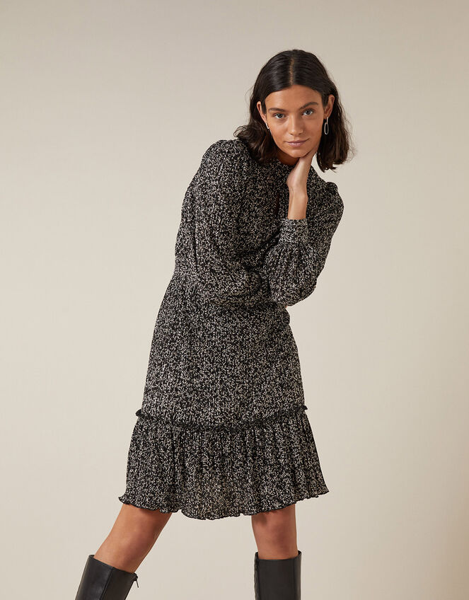 Printed Jersey Plisse Tiered Short Dress, Black (BLACK), large