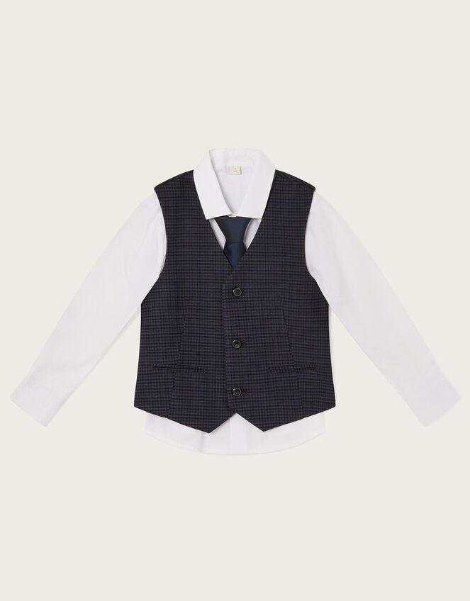 Mini Check Three-Piece Waistcoat and Shirt Set, Blue (NAVY), large