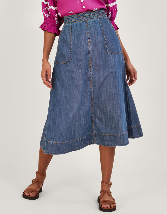 Pull On Denim Midi Skirt in Sustainable Cotton, Blue (DENIM BLUE), large