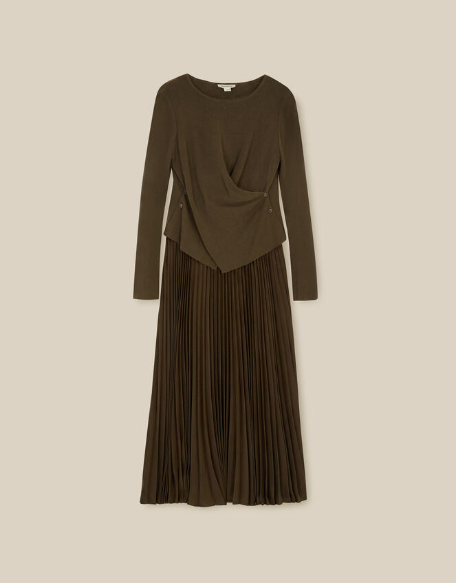 Fiz Drape Pleated Midi Dress, Green (KHAKI), large