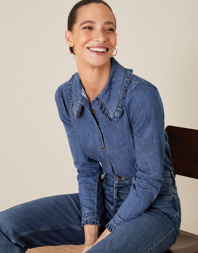 Frill Collar Denim Shirt, Blue (DENIM BLUE), large