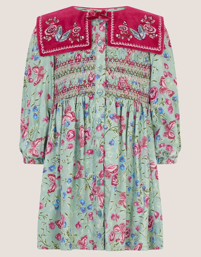 Baby Floral Print Velvet Collar Dress, Green (GREEN), large