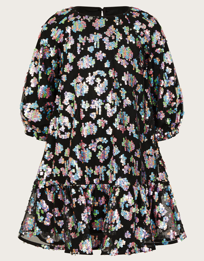 Embellished Leopard Print Shift Dress, Black (BLACK), large