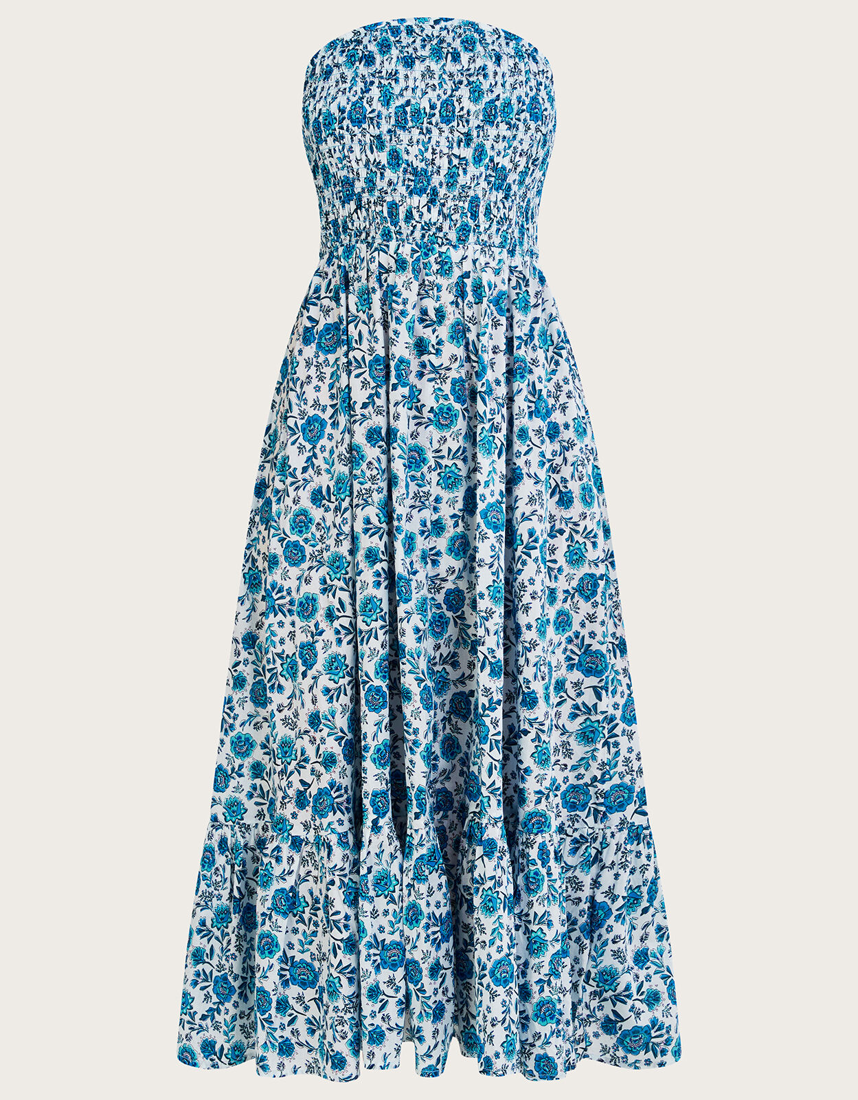 Floral Print Bandeau Dress in Sustainable Cotton Blue