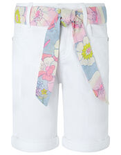 Dawn Denim Shorts with Floral Belt, White (WHITE), large