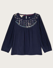 Pleated Sleeve Top with Sustainable Cotton, Blue (NAVY), large