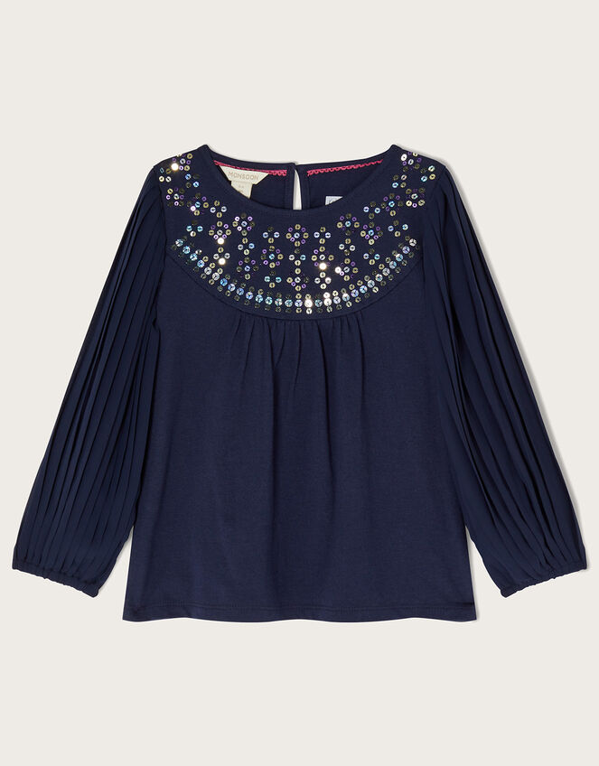 Pleated Sleeve Top with Sustainable Cotton, Blue (NAVY), large