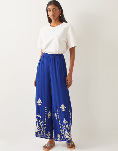 Saffron Embroidered Wide Leg Trousers, Blue (BLUE), large