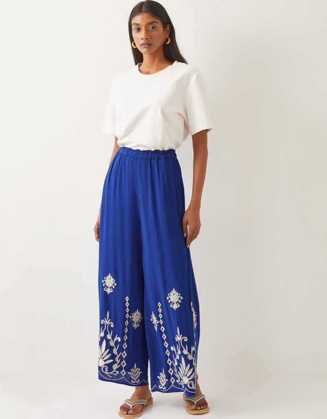 Saffron Embroidered Wide Leg Trousers, Blue (BLUE), large