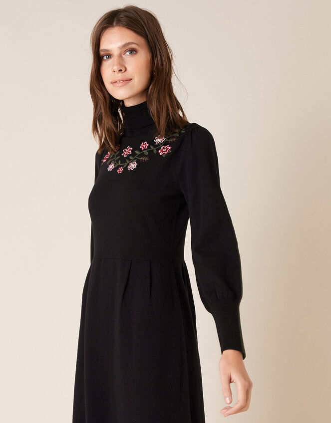 Embroidered Yoke Knit Midi Dress, Black (BLACK), large