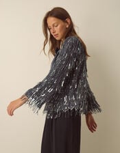 Sabia Velvet Bow Sequin Jacket, Dark Silver (GUNMETAL), large