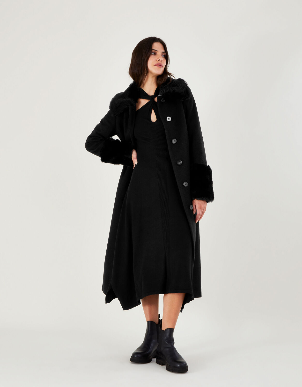 Felicity Faux Fur Trim Belted Wool Blend Coat Black | Women's
