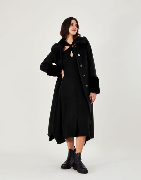 Felicity Faux Fur Trim Belted Wool Blend Coat, Black (BLACK), large