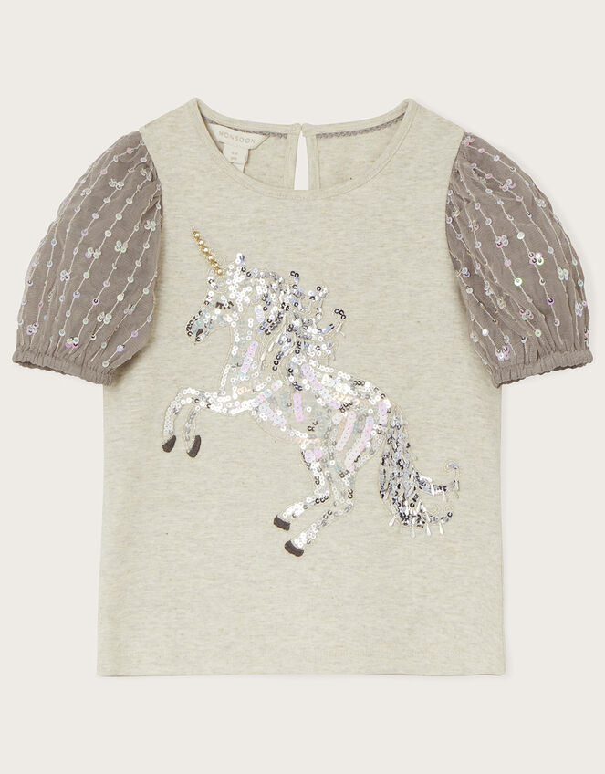 Sequin Unicorn Puff Sleeve Top, Grey (GREY), large