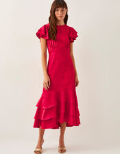 Ester Satin Ruffle Midi Dress, Red (RED), large