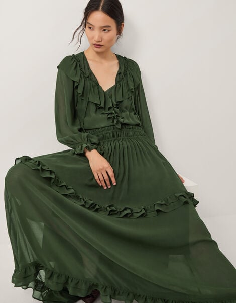 Suki Long Sleeve Ruffle Maxi Dress, Green (KHAKI), large