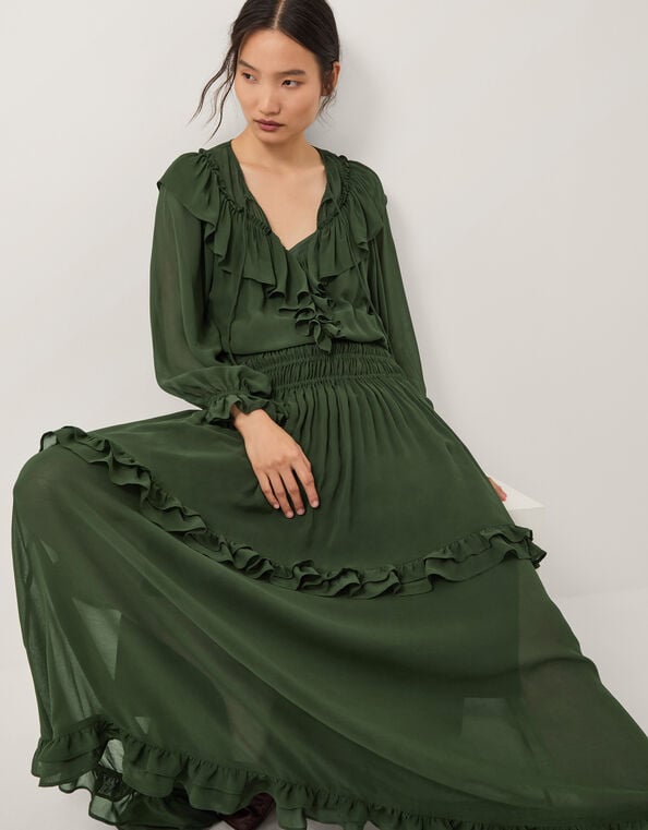 Suki Long Sleeve Ruffle Maxi Dress, Green (KHAKI), large