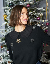 Sequin Star Knit Jumper, Black (BLACK), large