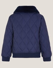 Faux Fur Collar Quilted Bomber Jacket, Blue (NAVY), large
