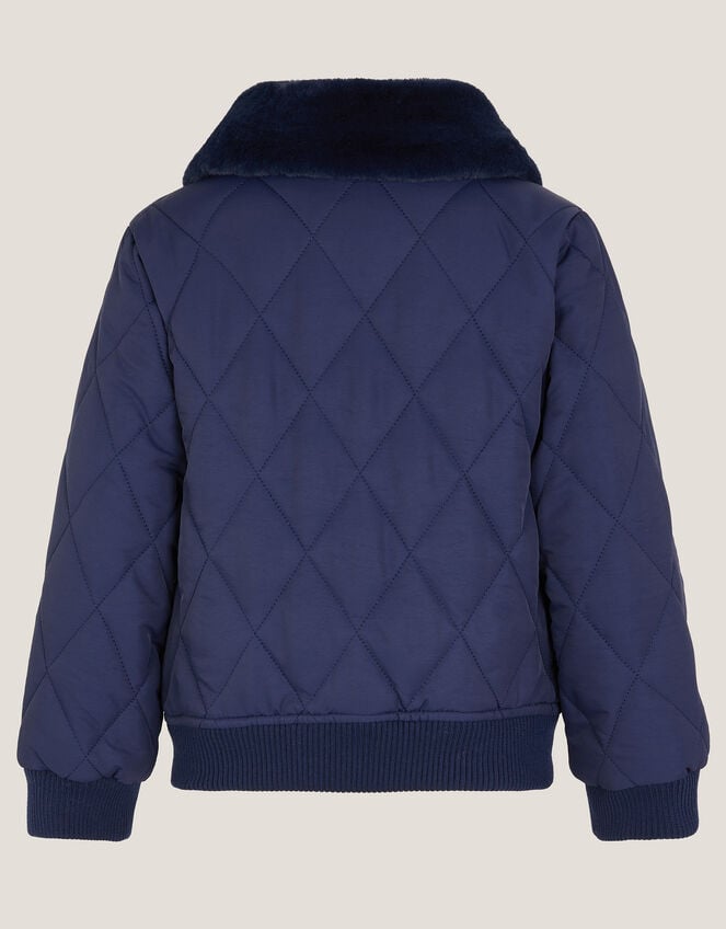 Faux Fur Collar Quilted Bomber Jacket, Blue (NAVY), large