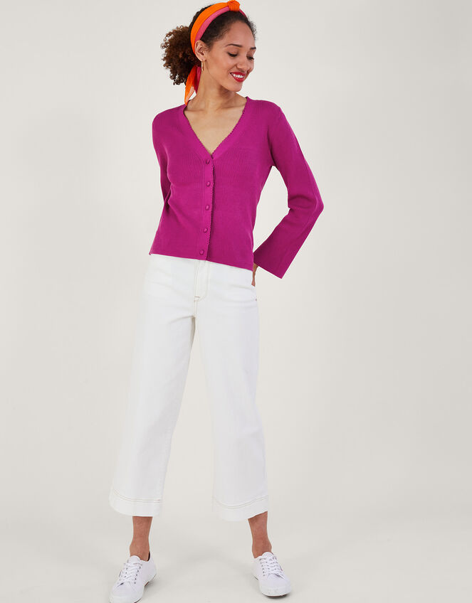 V-Neck Ribbed Cardigan, Pink (PINK), large