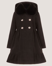 Faux Fur Collar Double-Breasted Coat, Black (BLACK), large