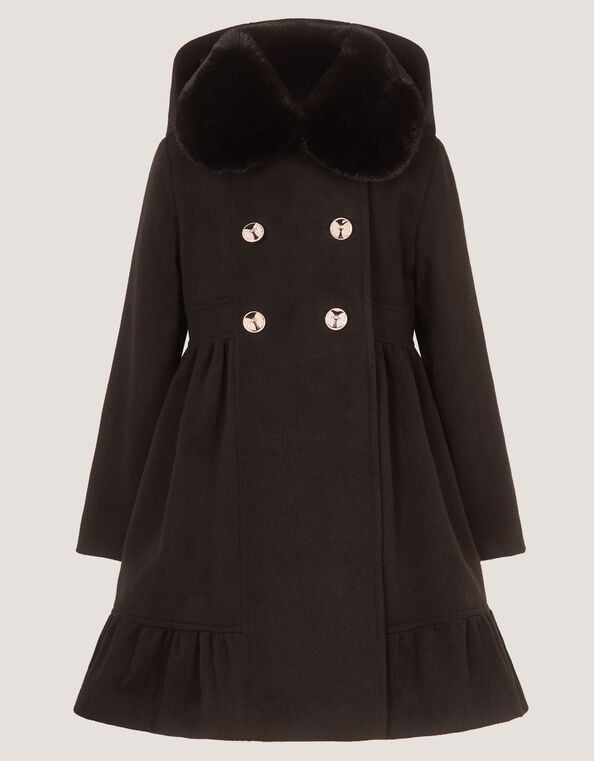 Faux Fur Collar Double-Breasted Coat, Black (BLACK), large