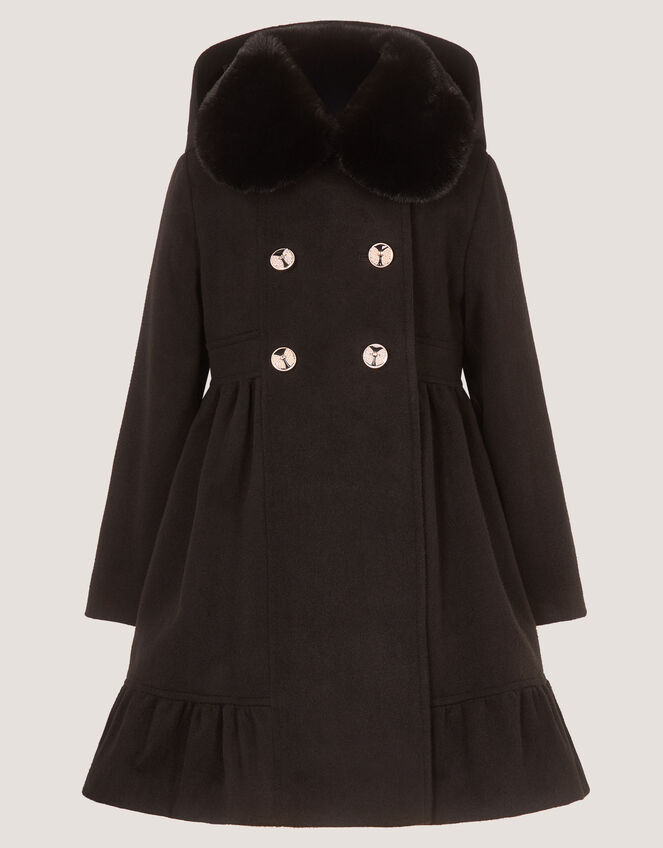 Faux Fur Collar Double-Breasted Coat, Black (BLACK), large