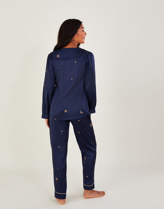 Embroidered Satin Pyjama Set, Blue (NAVY), large