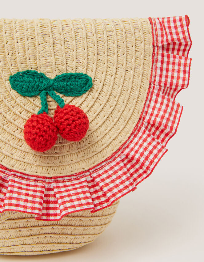 Cherry Gingham Straw Bag, , large