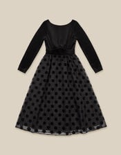 Viana Polka Dot Velvet Midi Dress, Black (BLACK), large