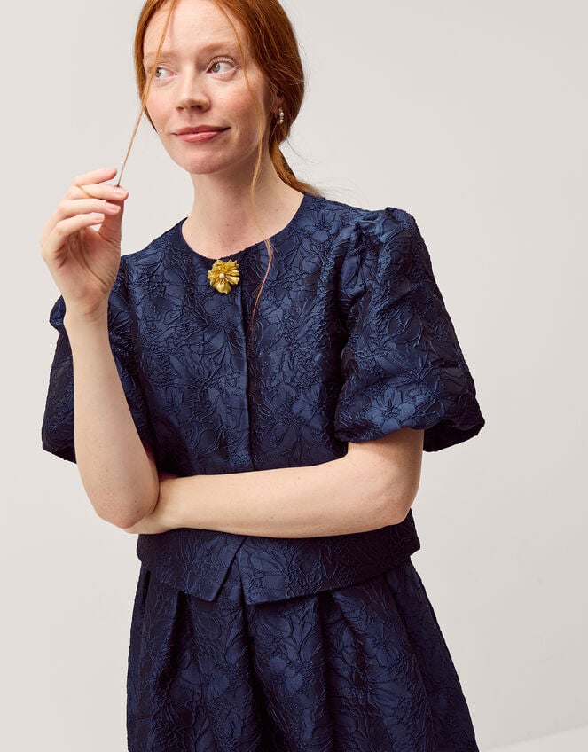 Juliana Floral Jacquard Puff Sleeve Jacket, Blue (NAVY), large
