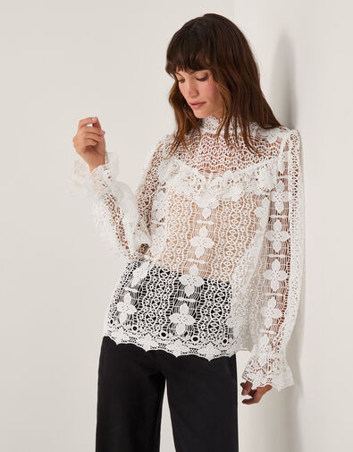 Phoebe Sheer Lace Blouse, White (WHITE), large