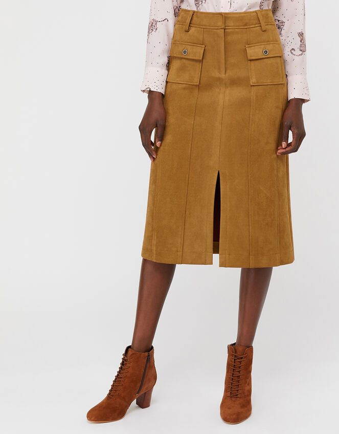 Sally Suedette Midi Skirt, Tan (TAN), large