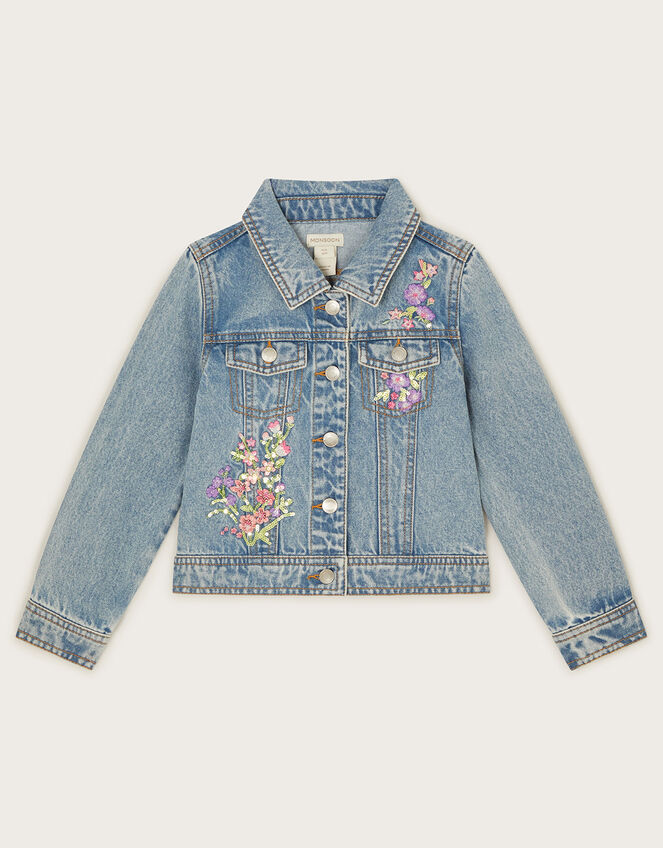 Floral Embellished Denim Jacket, Blue (BLUE), large