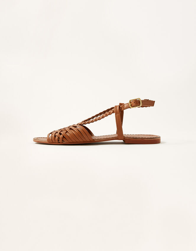 Plait Detail Leather Flat Sandals, Tan (TAN), large